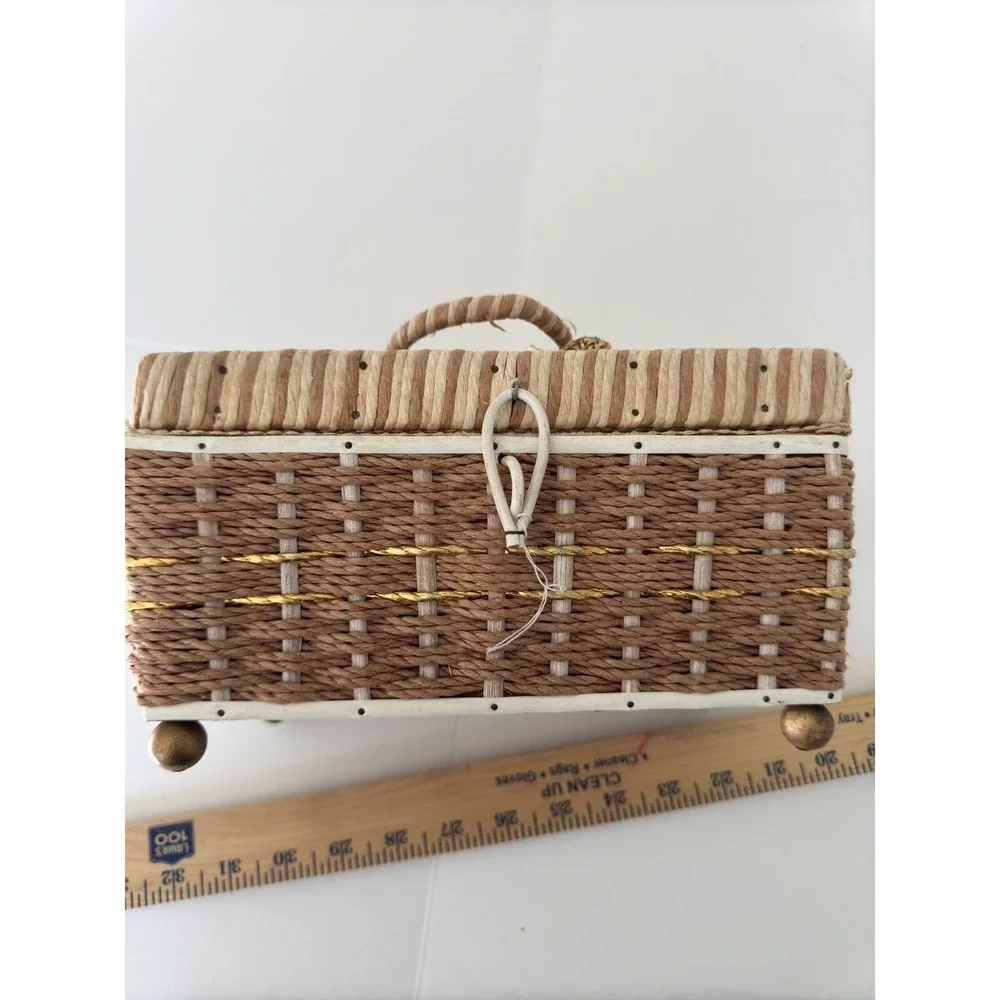 Vintage Sewing Basket Notions Box Woven Decorative Trinket Storage Used Grandma